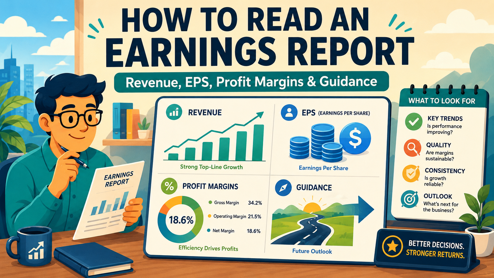 Illustration showing a company earnings report dashboard with revenue, EPS, profit margins, cash flow and guidance